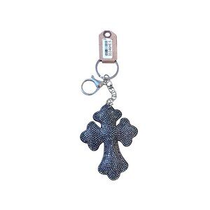 Crystal Avenue Rhinestone Cross Keychain With Lobster Clasp & Chain - Silver/Bla